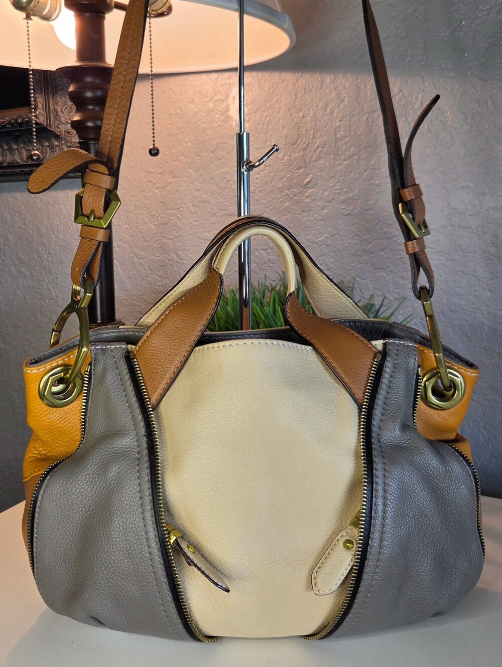 orYANY Lian Colorblock Pebbled Leather Satchel Crossbody Bag